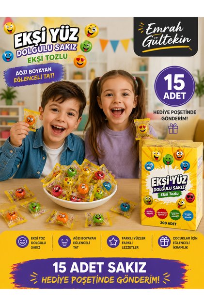 Sour Powder Filled Gum 15 Pieces Emoji Gum Assorted Flavors Fun Gum in Gift Bag