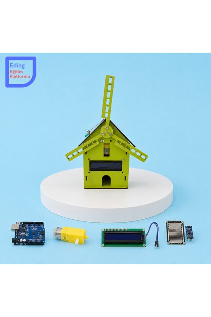 Arduino Tabanlı Akıllı Yel Değirmeni STEM Proje Kiti – Yağmur Sensörü, LCD Ekran ve DC Motorlu MDF Elektronik Kodlama Seti