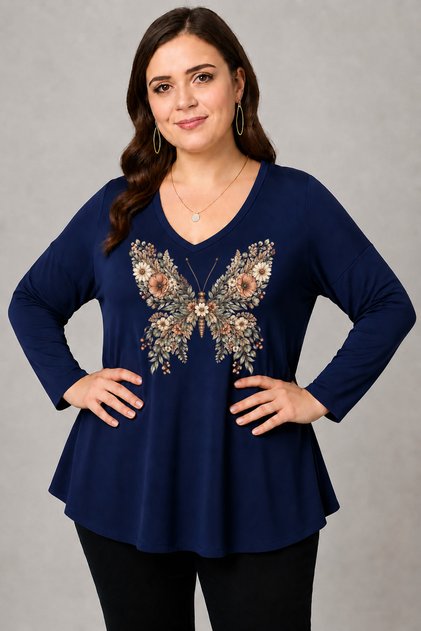 Plus Size Floral Butterfly Printed V-Neck Long Sleeve Wide Hem Blouse Navy Blue
