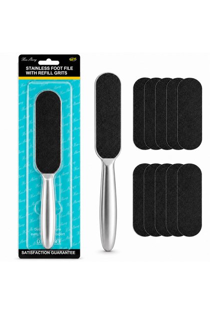 Stainless Steel Pedicure Foot File with 12 Replaceable Grit Pads, 6 × #80 Coarse and 6 × #150 Fine Adhesive Refills, Reusable Callus Remover for Dry, Hard and Cracked Skin, Professional Foot Care Tool