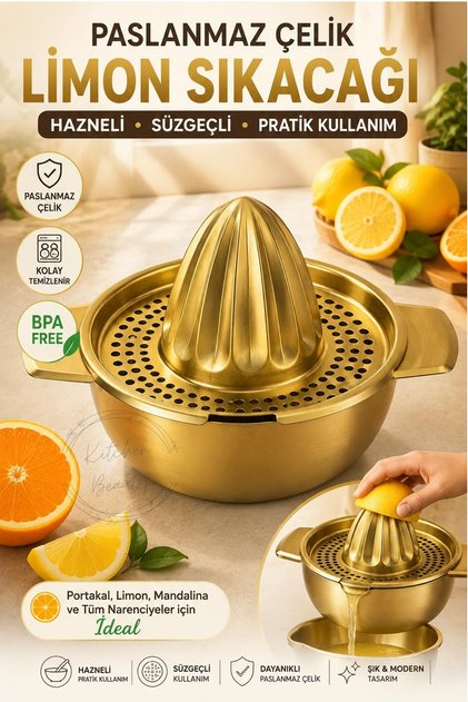 Paslanmaz Gold Çelik Limon Sıkacağı Hazneli Süzgeçli Narenciye Portakal Sıkacağı