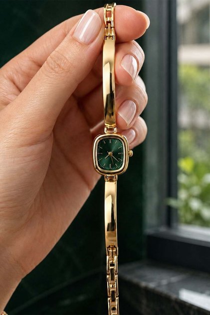 Ponis Women's Gold Color Yellow Dial Handcuff Bracelet Watch | Cornered Oval Case Minimal Vintage Quartz Women's Wristwatch
