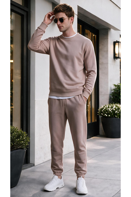 Men's Regular Thermal Fleece 3 Thread Puff Fabric Zero Collar Tracksuit Set