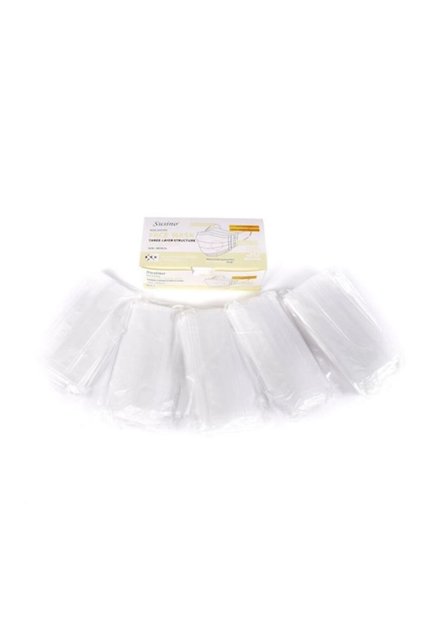 Set de 50 de măști faciale, ambalate în pachete de 5 x 10 bucăți, de unică folosință, albe.