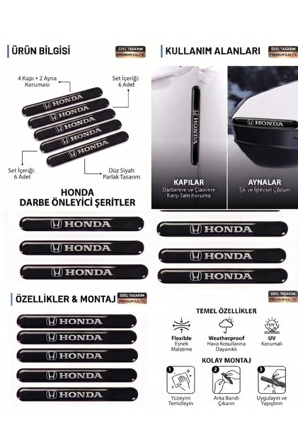 Honda Compatible 6-Piece Door and Side Mirror Protection Strip - Premium Black Anti-Scratch Set