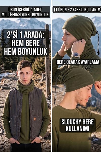 Men's Fleece Neck Gaiter Beanie 2-in-1 Drawstring Adjustable Multi-Purpose Winter Neck Gaiter Beanie