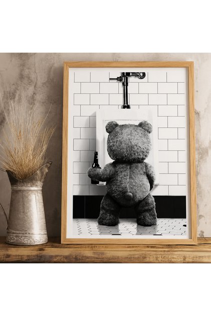 Natural Wooden Framed Teddy Bear Wall Decor - Decorative Painting for Bathroom, Toilet, Cafe, Office