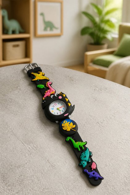Black Children's Illuminated Silicone Strap Wristwatch with Dinosaur Figure - (Without Box)