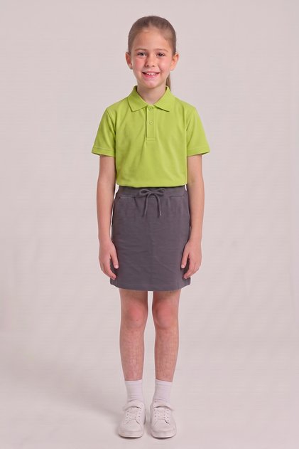 Girl's Pistachio Green Polo Collar School T-Shirt Smoked Ribbed Waist School Shorts Skirt Bottom Top Set