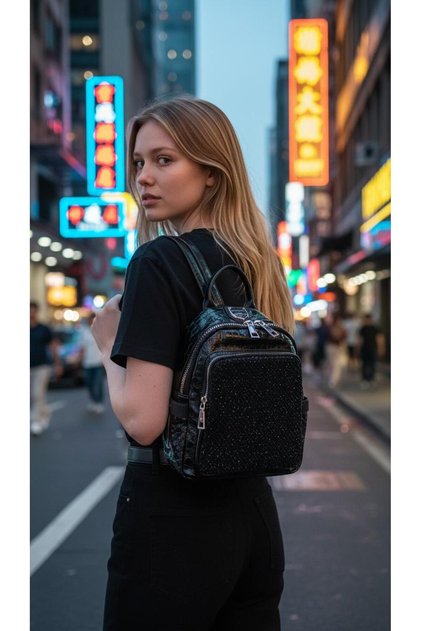 Imported Shiny Leather Shoulder and Backpack Bag 27384 Black