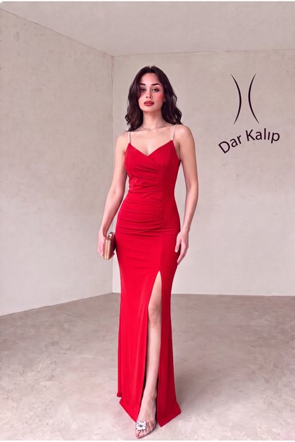 Stone Strap Slit Draped Long Evening Dress Graduation Dress