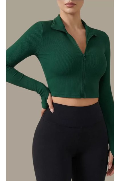 Women's Green Long Sleeve Zippered Finger Snap Detailed Stand Collar Crop Top Blouse