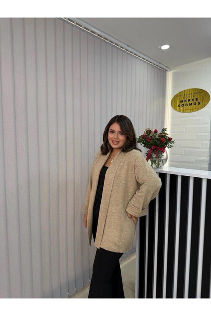 Women's Beige Shawl Collar Knitwear Cardigan | Oversize & Comfortable Model
