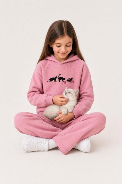 Girl's Hooded Fleece-Lined Cat Embroidered Winter Set