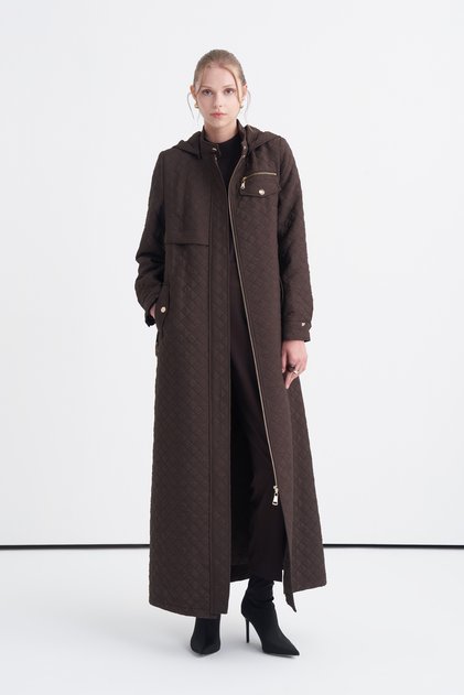 Hooded Belted Long Brown Overcoat 13993
