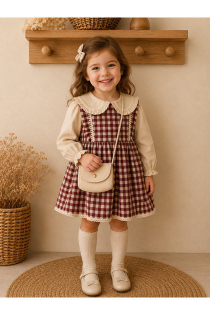 Baby Collared Burgundy Plaid Girl's Dress 2 Years-5 Years