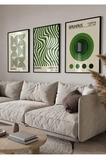 Natural Wood Framed 3-Piece Green Bauhaus Modern Geometric Retro Wall Decor Living Room Living Bedroom Kitchen Painting Set