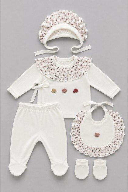 Floral Embroidered Ruffle Detailed 5 Piece Newborn Baby Hospital Discharge Set 0-3 Months 100% Cotton