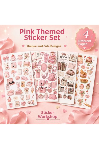 Pink Color Themed Sticker Set – 4 Sheets of Cute Decorative Stickers