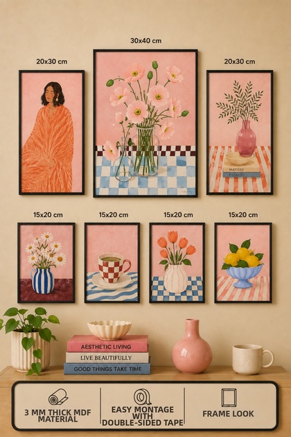 7-Piece Frame-Looking Modern Painting Set | Retro & Pop Art | Motivational Written | Living Room, Office, Kitchen and Study Room Wall Decoration