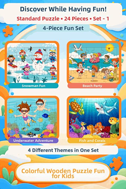 24 Piece Montessori Educational Wooden Puzzle Set of 4 - Motor Skills Developmental Children's Puzzle (Set-1)