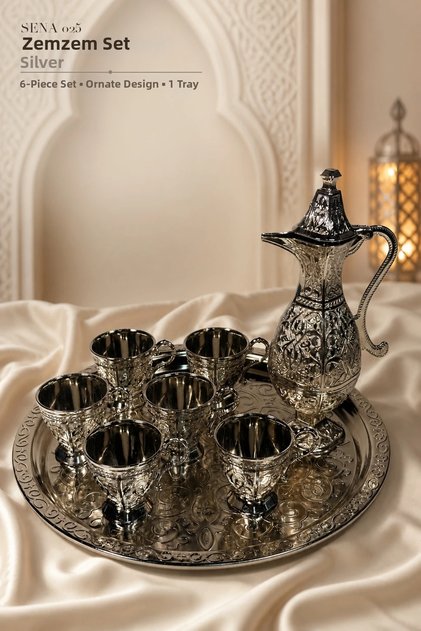 Silver Hajj Umrah Catering Set for 6 People – Embossed Presentation Set with Jug, 6 Cups, and Tray
