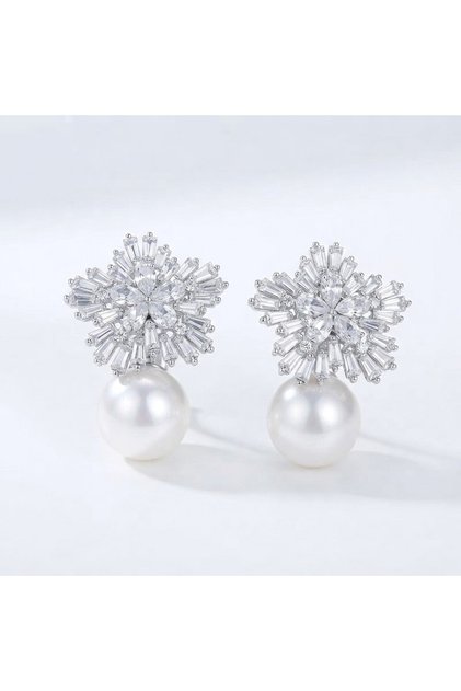 Tarnish-Resistant Steel Zircon Stone Pearl Crystal Flower Earrings - Gift Boxed