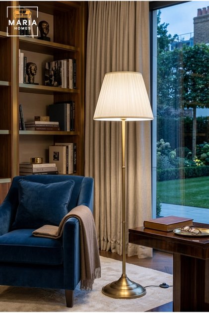Modern Brass Floor Lamp – Fixed Metal Stand with White Fabric Shade for Living Room & Bedroom