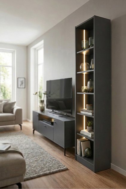 Diva Çok Amaçlı Ledli TV Ünitesi Yanı Gümüşlük ve Kitaplık Antrasit Gri