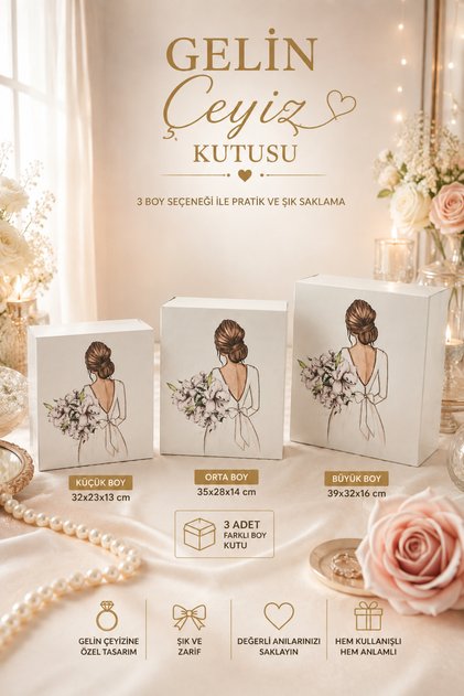 Gelin Bohçası, Damat Kutusu Gelinlik Baskılı Gelin Kutusu Çeyizlik Gelin Kutusu 3 lü Kutu