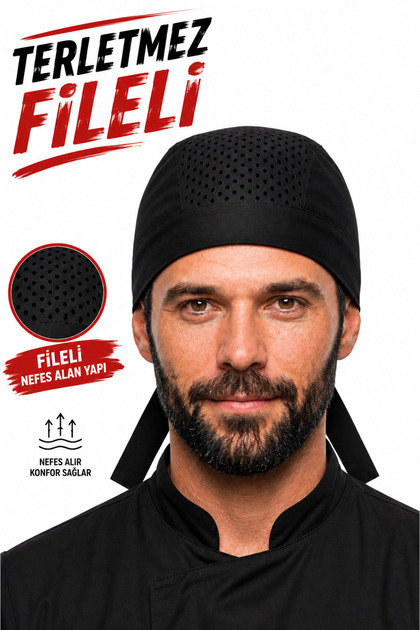 Likralı Fileli Terletmez Aşçı Bonesi Siyah Unisex Profesyonel Mutfak Şef ve Garson Bonesi