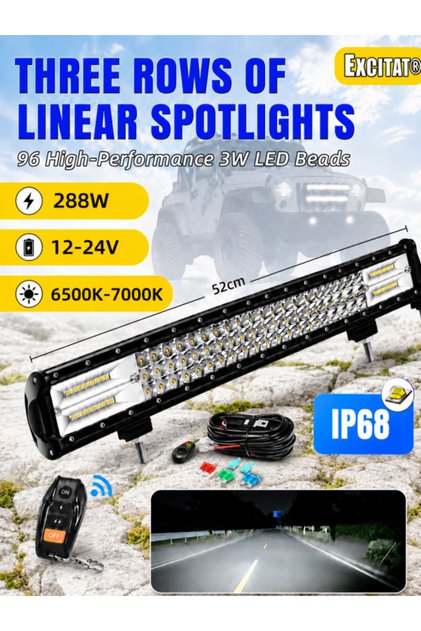 Set bară proiector LED auto cu trei rânduri, Excitat ® Proiector combinat Spot și Flood, 288W, IP68, 6500K-7000K, 5000 lumeni, 52 cm, cu accesorii de instalare incluse, pentru Utilaje, ATV-uri, Camioane, Tractoare, Bărci, 3
