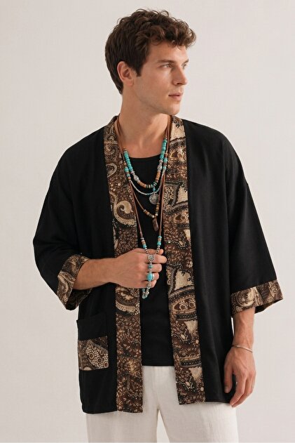 Ethnic Pattern Detailed Black Kimono with Pockets & Bohemian Style