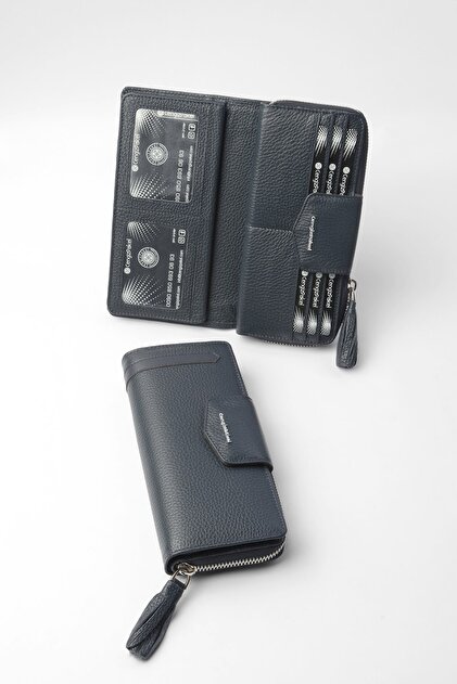 Genuine Leather Large Internal Volume Women's Wallet - Functional and with Back Zipper Access - 65133 - Navy Blue
