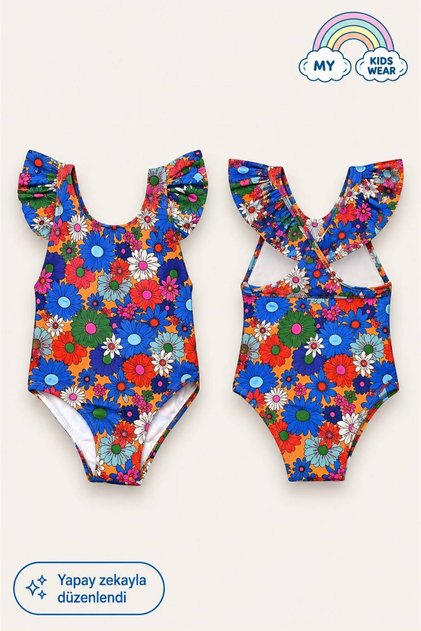 Girl's Ruffle Detailed Stylish Design Cross Strap Swimsuit 12735