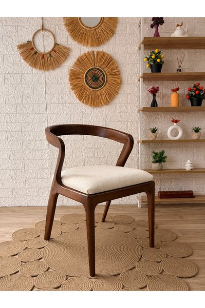 Akrep Sandalye Teddy Krem Kumaş Ceviz Ahşap Sandalye