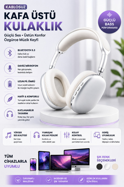 Kablosuz Bluetooth Kafa Üstü Kulaklık – Mikrofonlu, Şarjlı, Katlanabilir, Yumuşak Pedli, Güçlü Bass, Telefon Bilgisayar Uyumlu