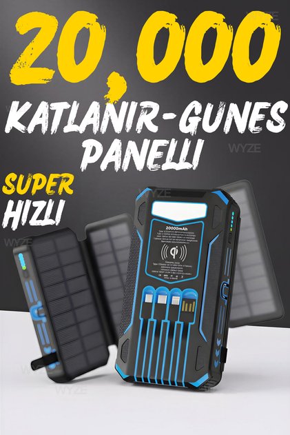 20.000 Mah Katlanır Güneş Panelli 22.5 WATT PD Hızlı Kablolu Taşınabilir Powerbank