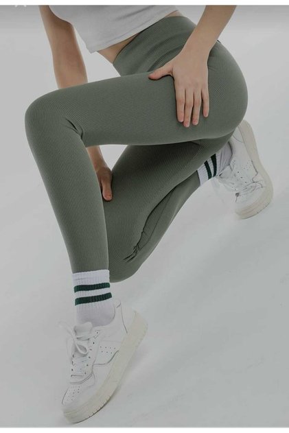 Women's Khaki High Waist Winter Fleece-lined Ribbed Leggings