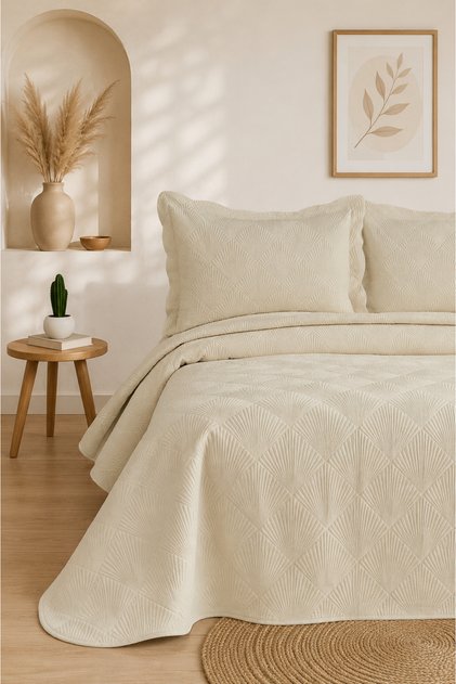 Nakışlı Kadife Çift Kişilik 3 Parça Yatak Örtüsü Seti - 250x260 cm - Pvc Çantalı - %100 Pamuk