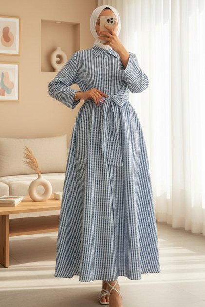 Half Button Tie Waist Striped Dress -Blue