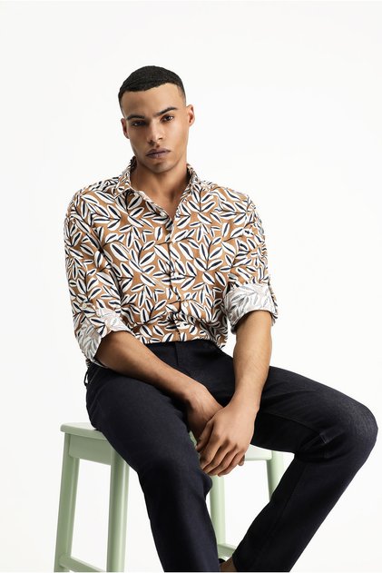 Long Sleeve Oversize Printed Linen Blended Shirt