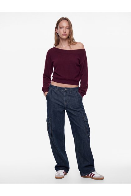 Comfortable Fit Soft Textured Off-The-Shoulder Boat Neck Long Sleeve T-Shirt