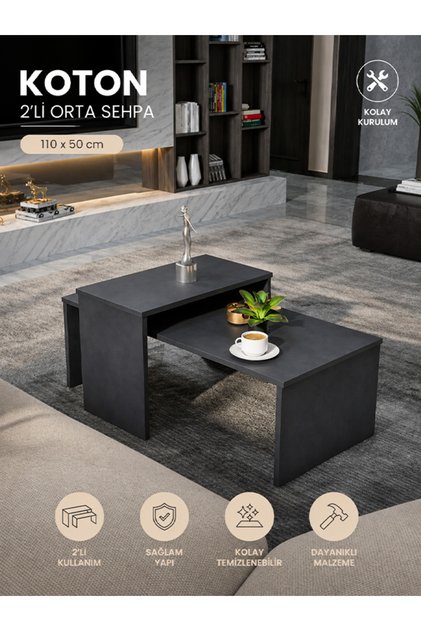 Koton 2'Li Orta Sehpa Modern Yan Sehpa - Antrasit