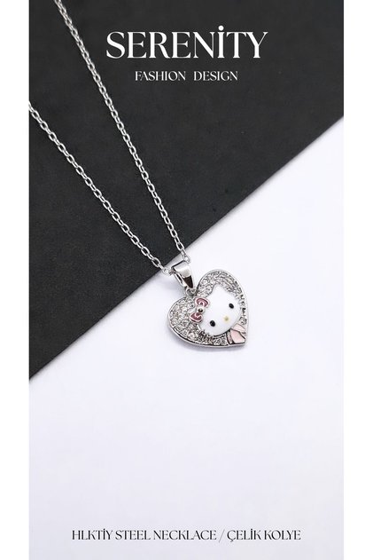 Silver Heart Figured Hello Kity Steel Necklace