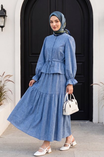 Buttoned Front, Elastic Sleeves, Tunnel Lacing, Linen Look Suit - Blue
