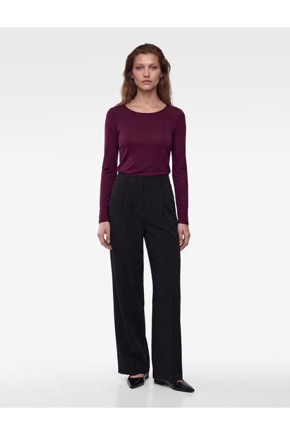 Mürdüm Rengi Basic Bluz Slim Fit Bisiklet Yaka Uzun Kollu Viskon