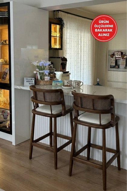 2'li Odin Bar Sandalyesi Teddy Krem Kumaş Hasırlı Ceviz Ahşap Ada Sandalye (2 ADET)