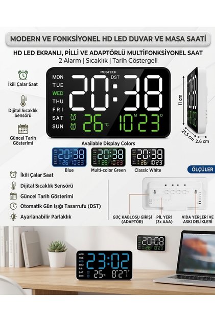 Hd Led Ekranlı Pilli Adaptörlü 2 Alarmlı Sıcaklık Tarih Göstergeli Duvar Masa Saati