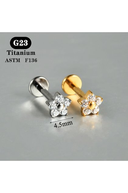 أقراط أذن مسطحة من التيتانيوم والزركون ASTM F136 باللون الذهبي، طراز 9، قطعة واحدة، على شكل زهرة، أقراط حلزونية من شحمة الأذن